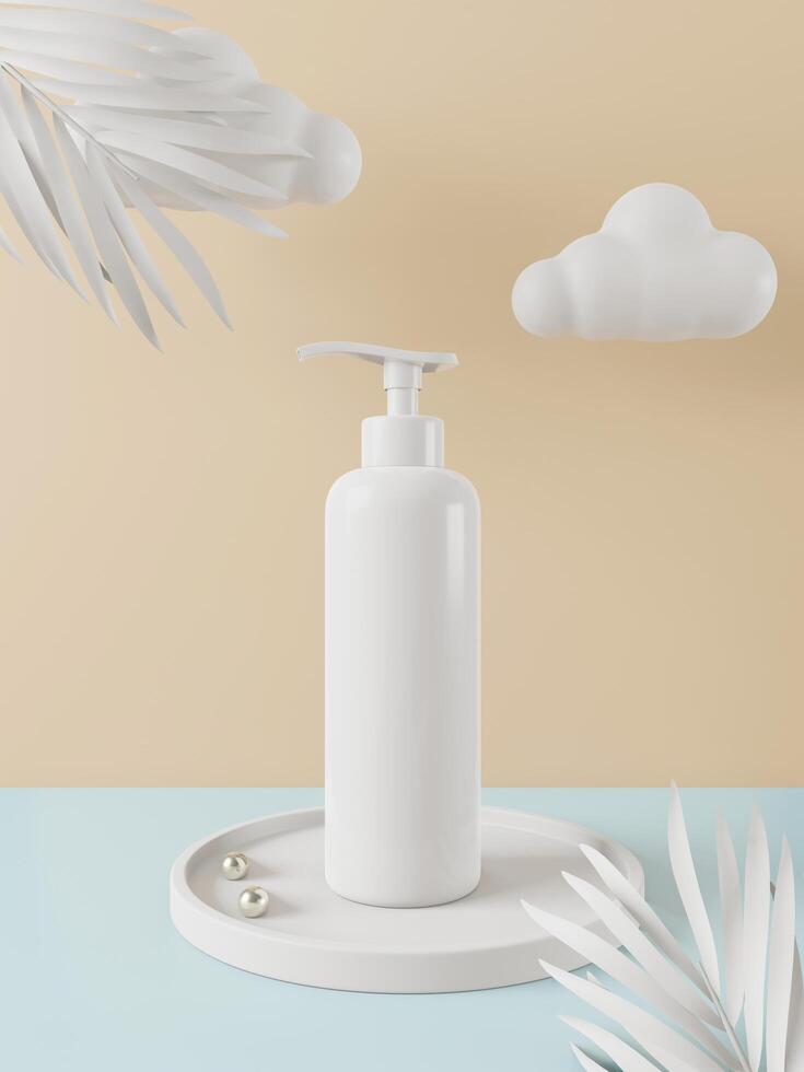 een mock up van realistische witte lege schone bodylotion fles geïsoleerd in lichtgele achtergrond, 3d render, 3d illustratie foto