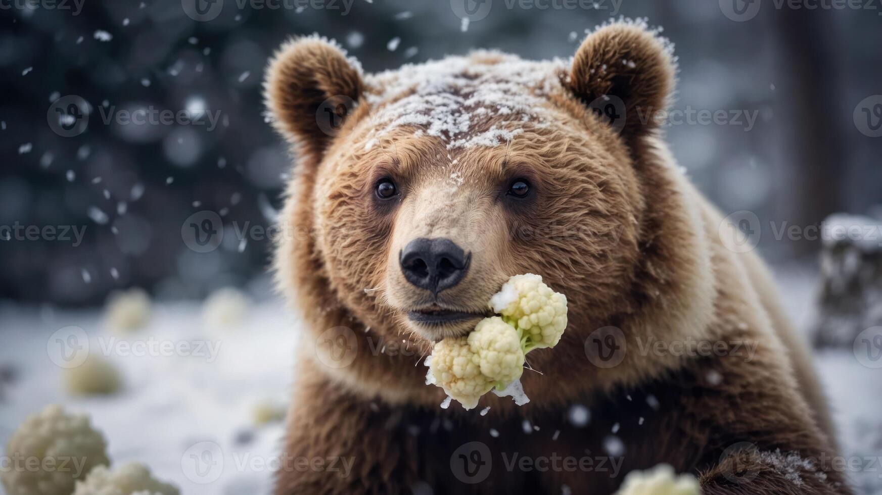 een beer genieten van bloemkool in een besneeuwd landschap. foto