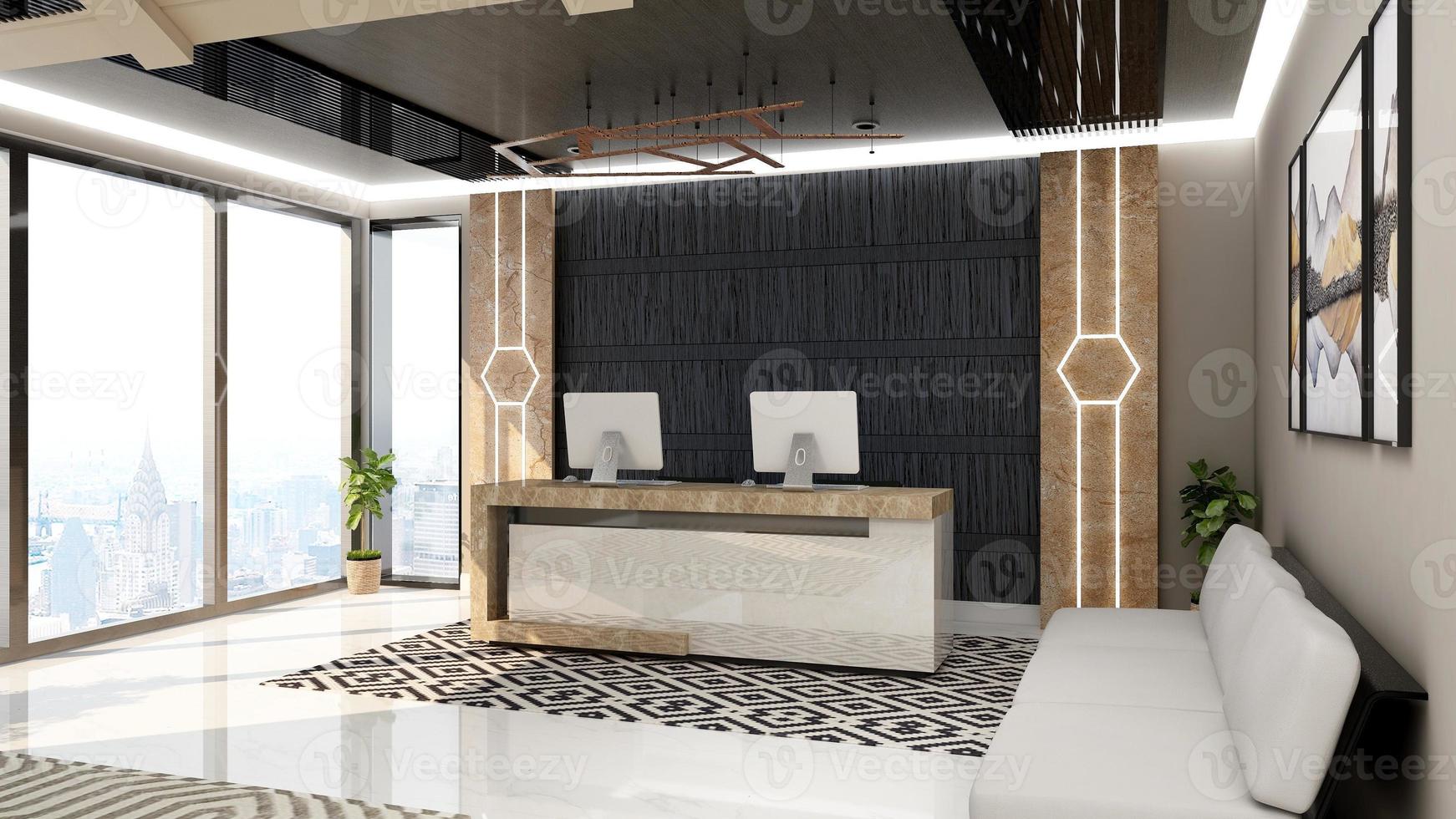 3d render luxe kantoorreceptie of receptie interieurontwerp voor logo mockup foto