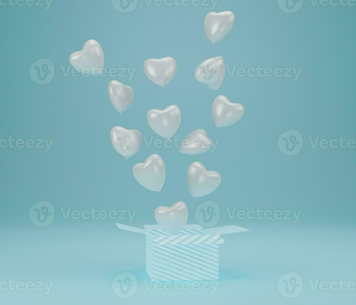open geschenkdoos met ballonhart drijvend op blauwe achtergrond, symbolen van liefde voor gelukkige vrouwen, moeders, valentijnsdag, verjaardagsconcept. 3D-rendering foto