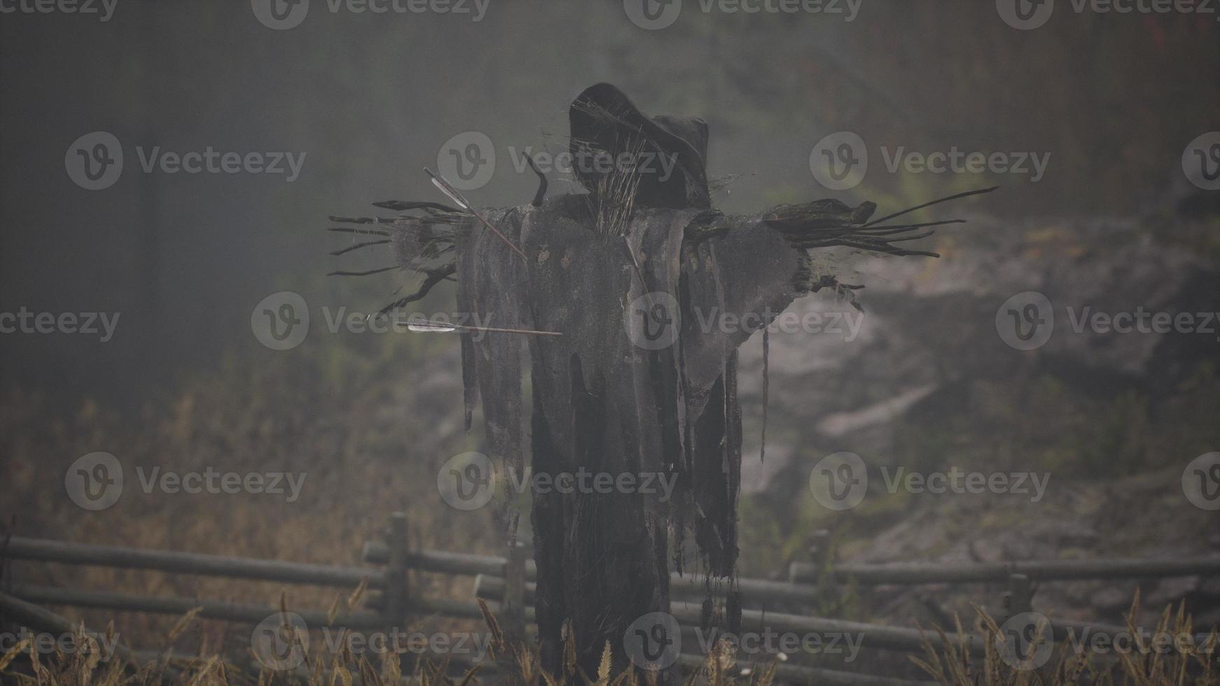 vreselijke vogelverschrikker in donkere mantel en vuile hoed staat alleen in het herfstveld foto