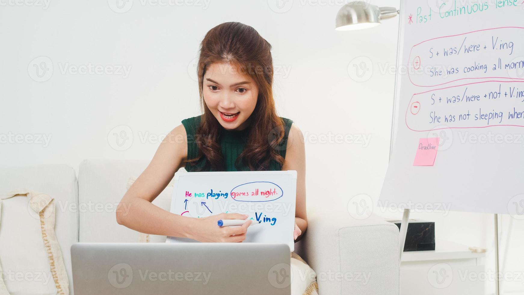 Azië jonge vrouwelijke leraar Engels videoconferentie bellen op computer laptop praten via webcam leren lesgeven in online chat. onderwijs op afstand, sociale afstand, quarantaine voor preventie van het coronavirus. foto