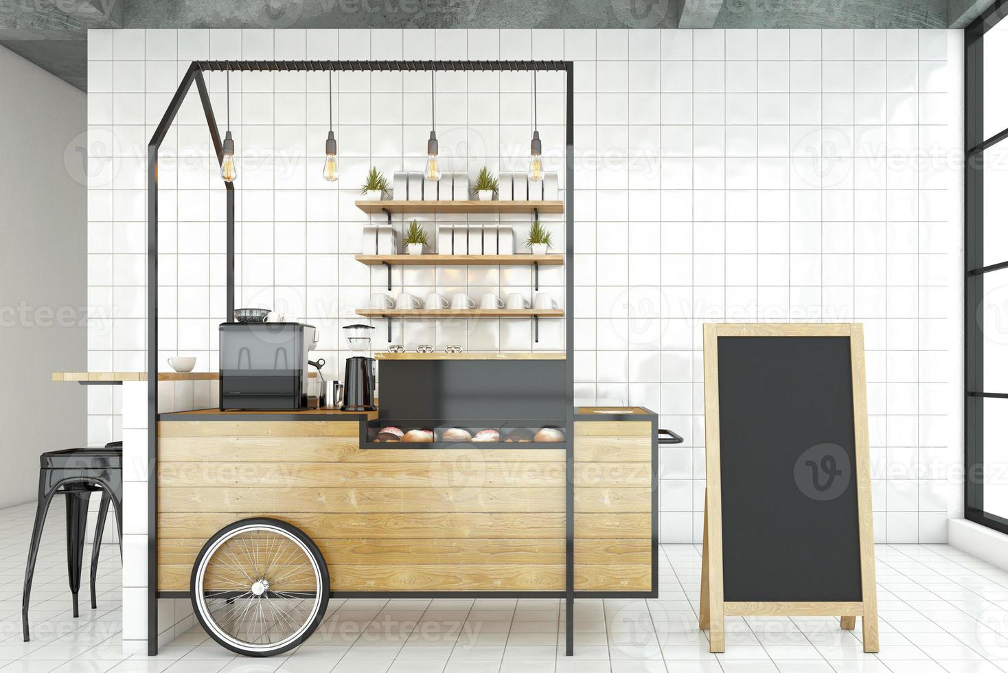 minimale stijl coffeeshop met witte muur en witte tegelvloer. 3D-rendering foto