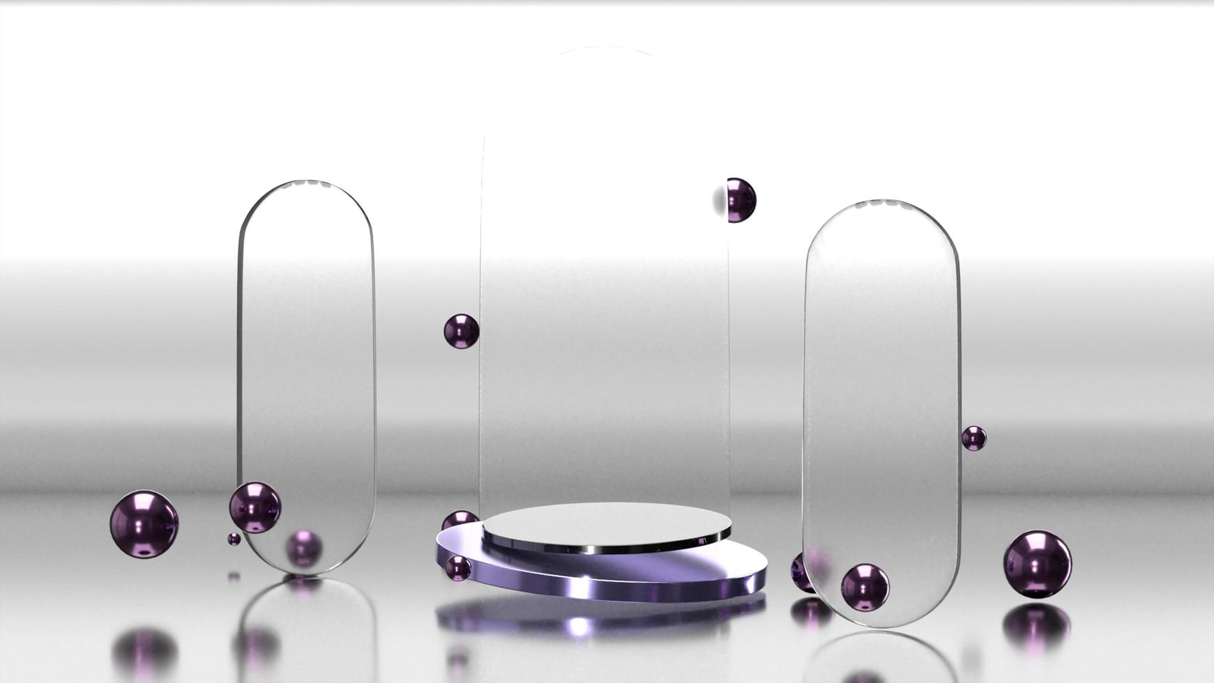 3D podium podium achtergrond met paarse metalen standaard en drop ballen glas morfisme zin voor product reclame foto