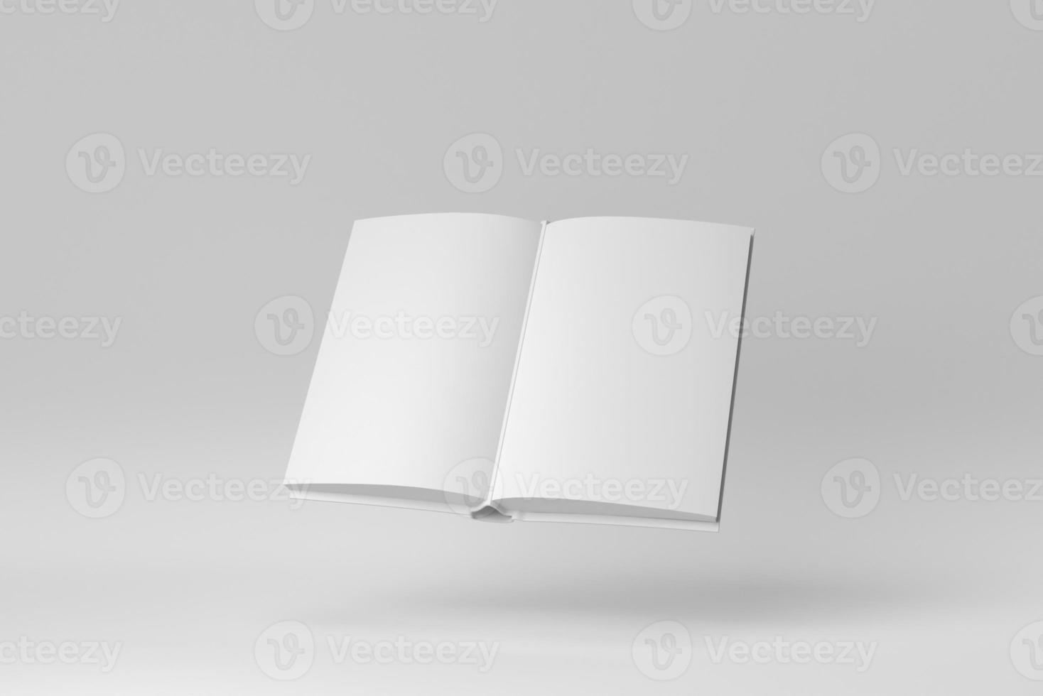 mockup van geopend boek op witte achtergrond. minimaal begrip. 3D render. foto
