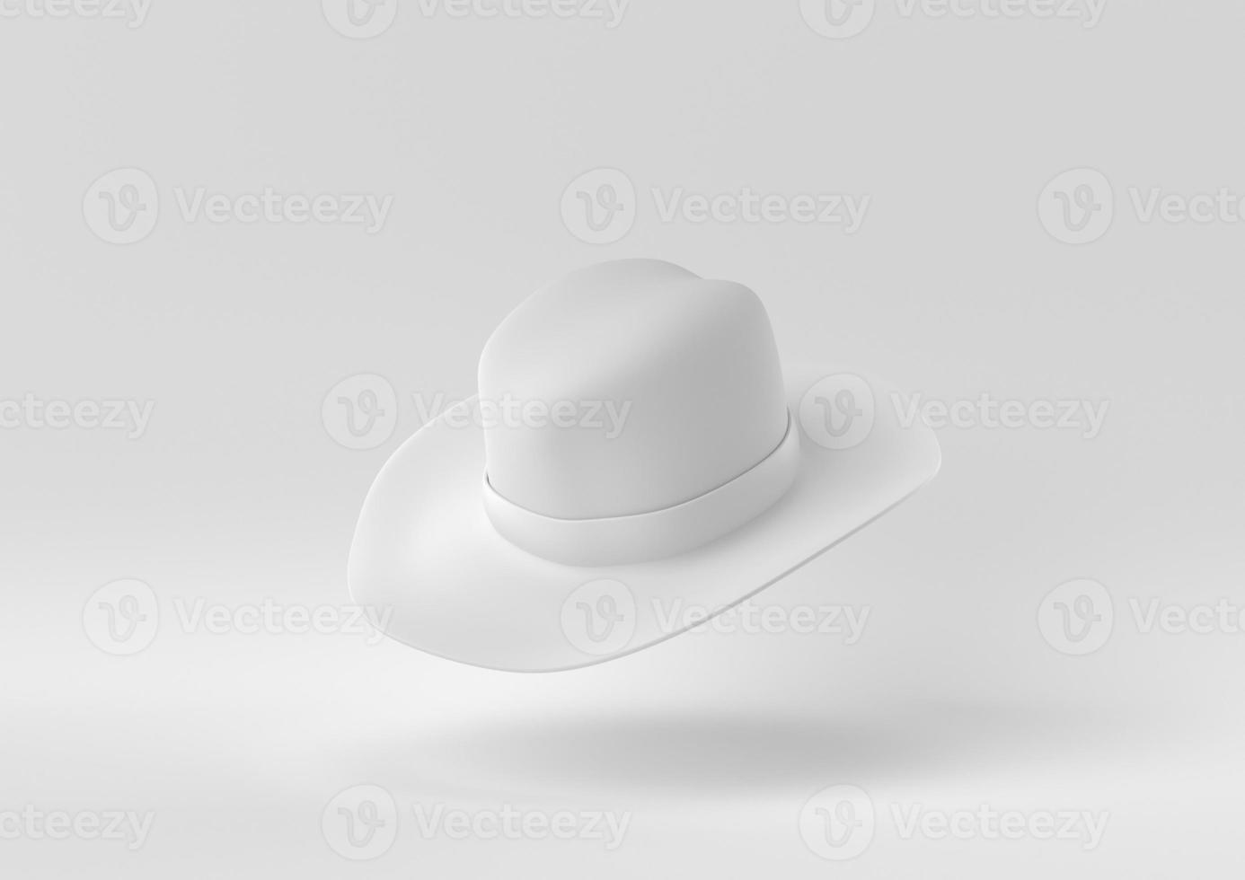 witte cowboyhoed die op witte achtergrond drijft. minimaal concept idee creatief. monochroom. 3D render. foto