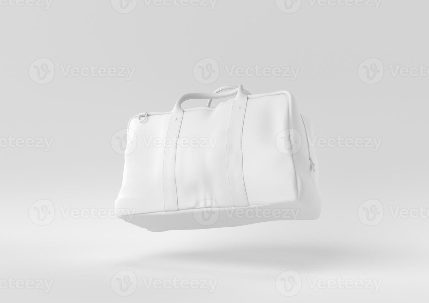 witte tas damesmodeaccessoires drijvend op een witte achtergrond. minimaal concept idee creatief. 3D render. foto