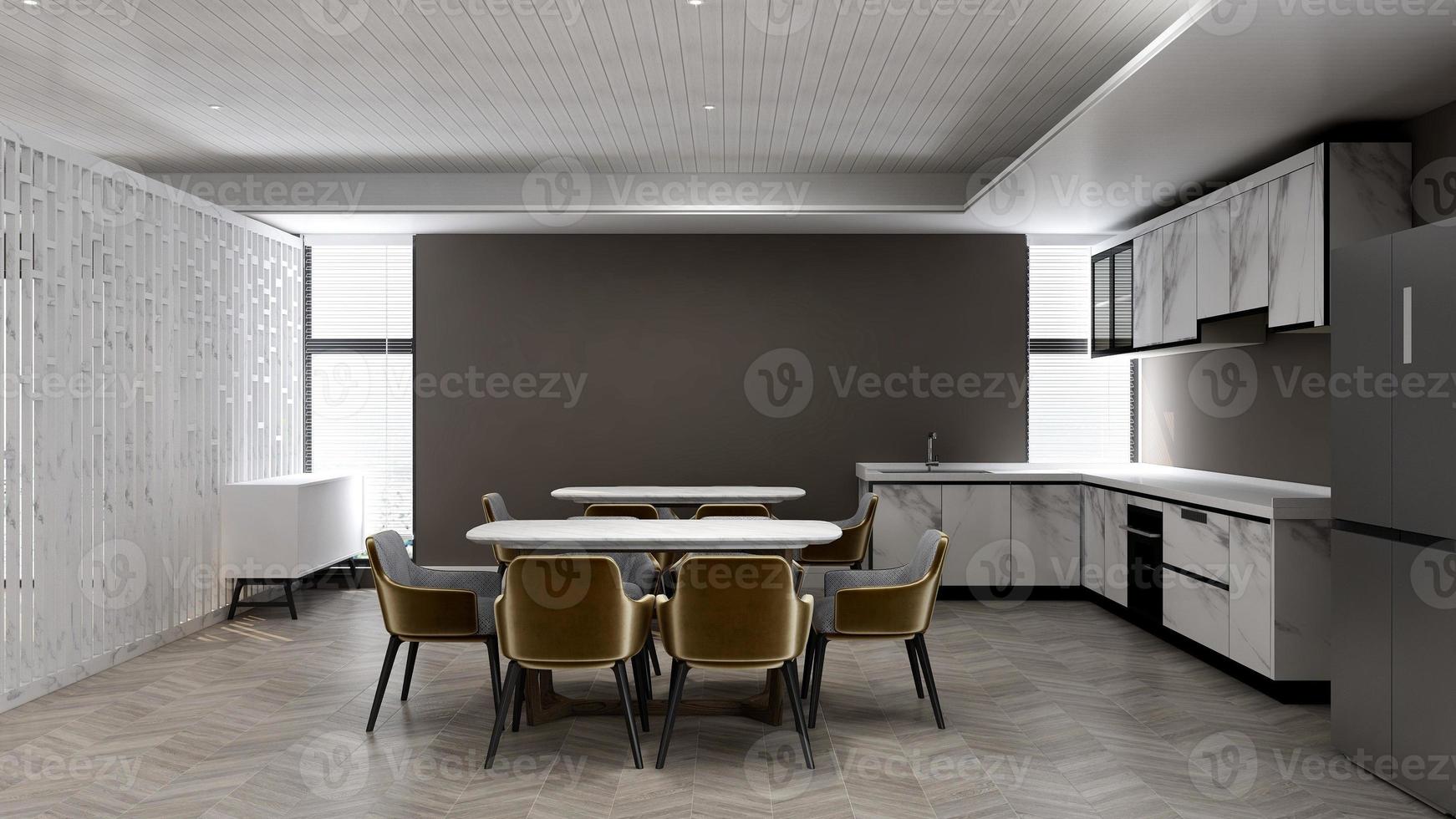 3D render van moderne kantoorpantry - interieur minimalistisch keukenconcept foto