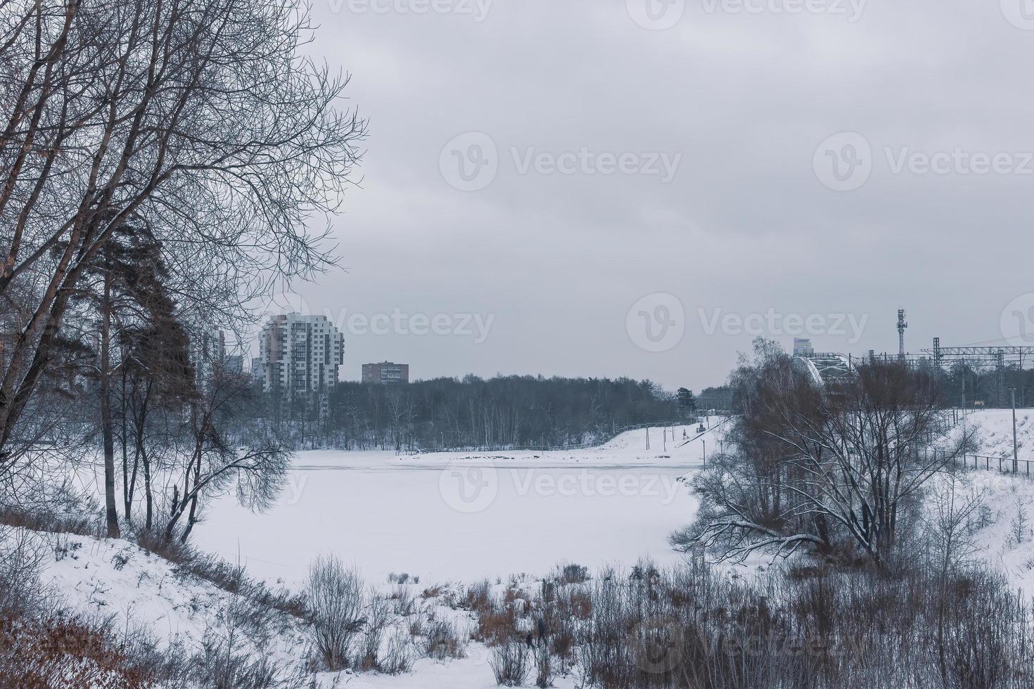 uitzicht op de bevroren rivier vanaf de oever in het park. foto