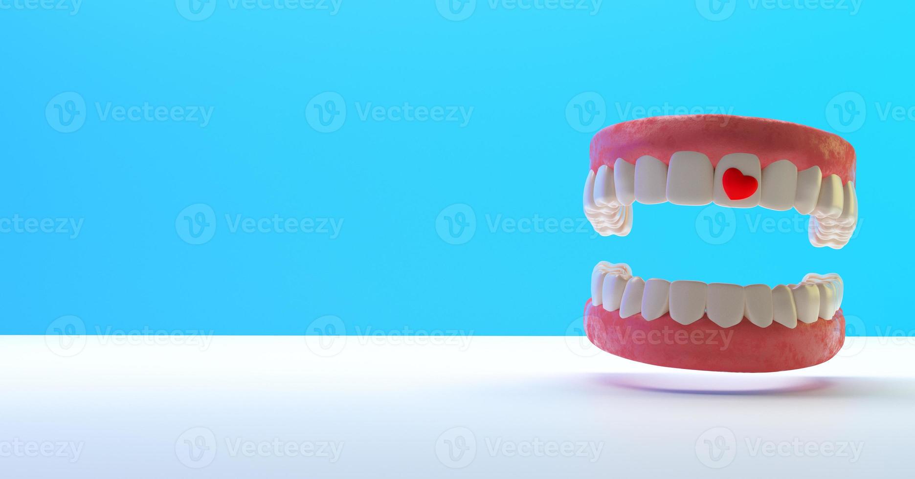 Valentijnsdag achtergrond, romantici behang voor tandartsen. tanden en een hart. ruimte kopiëren. 3D-beeld, 3D-rendering foto