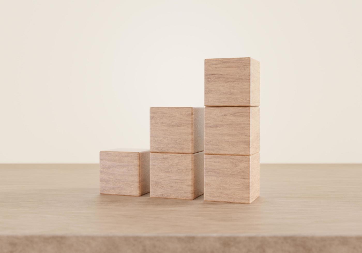 lege houten kubus mock up in trapvorm of grafiek op houten vloer achtergrond. bedrijfsconcept, 3D-rendering. foto