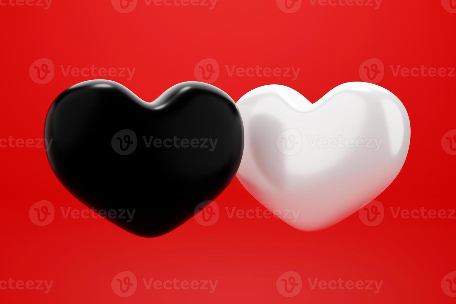 3D-pictogram een zwart-wit hart op rode achtergrond cartoon minimale schattig glad. Valentijnsdag concept. 3D render illustratie foto