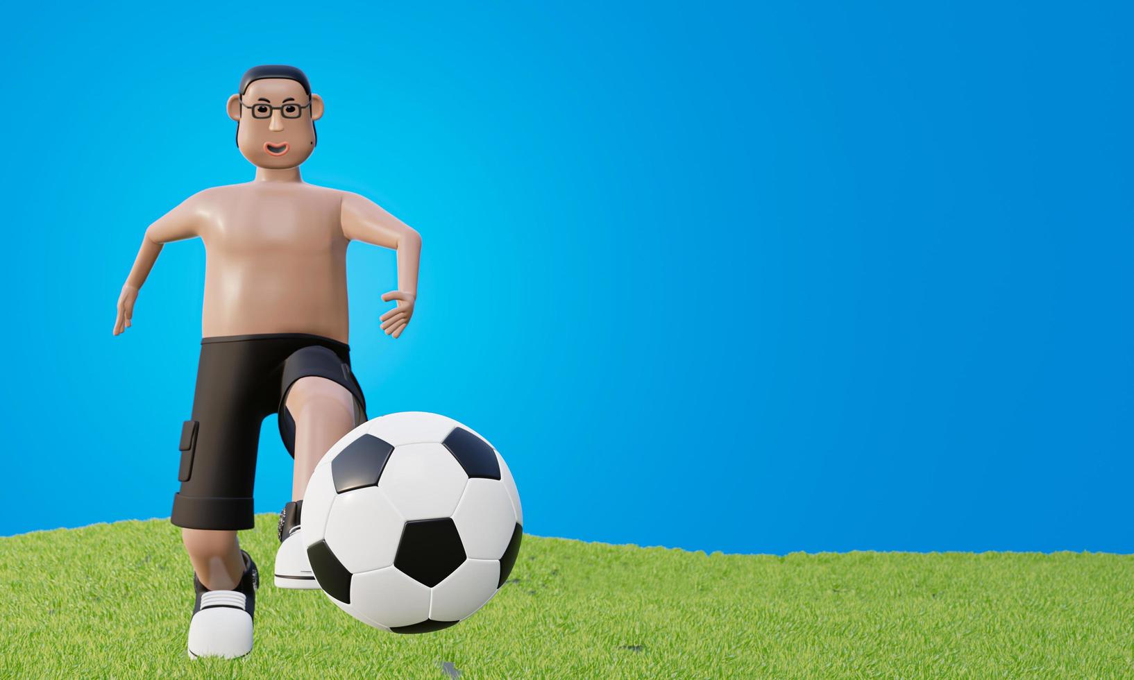 3D-model van een jonge man met bril, geen shirt, maar sportschoenen. mollig uiterlijk schoppend voetbal op het gazon. voetballen op het veld om te oefenen. het is geen wedstrijd. foto