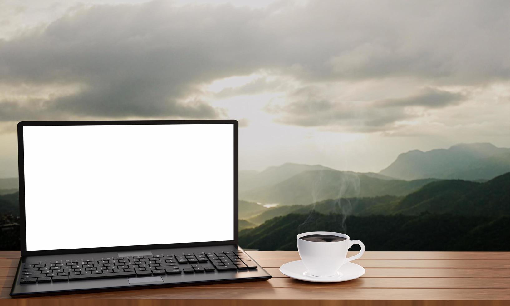 laptop of notebook, leeg scherm, geplaatst op een houten tafel, zwarte koffie in een witte koffiemok. complexe berg ochtendzon tijdens de zonsopgang. reisconcept .3D-rendering foto