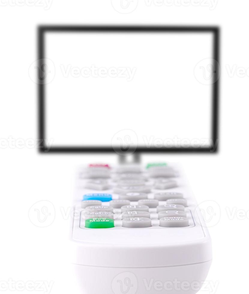 de witte afstandsbediening en tv geïsoleerd op een witte achtergrond foto