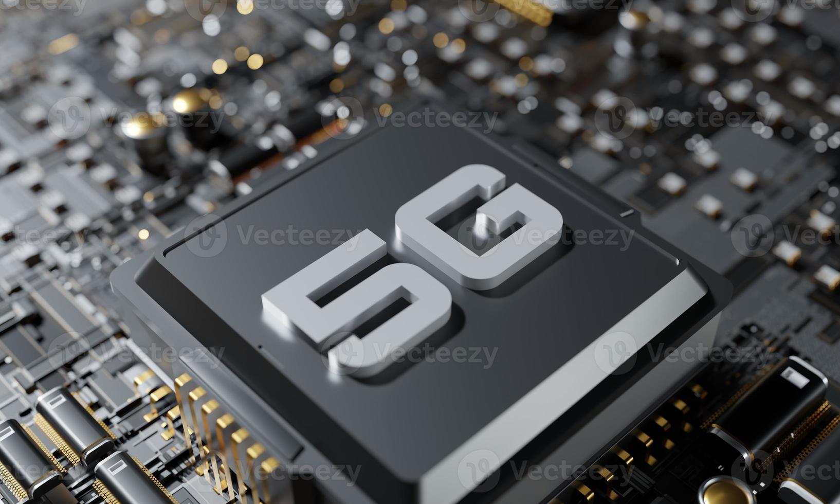 5g netwerkprocessor. internet van de volgende generatie. futuristische microchip en slimme moederbordchip, 3d illustratie foto