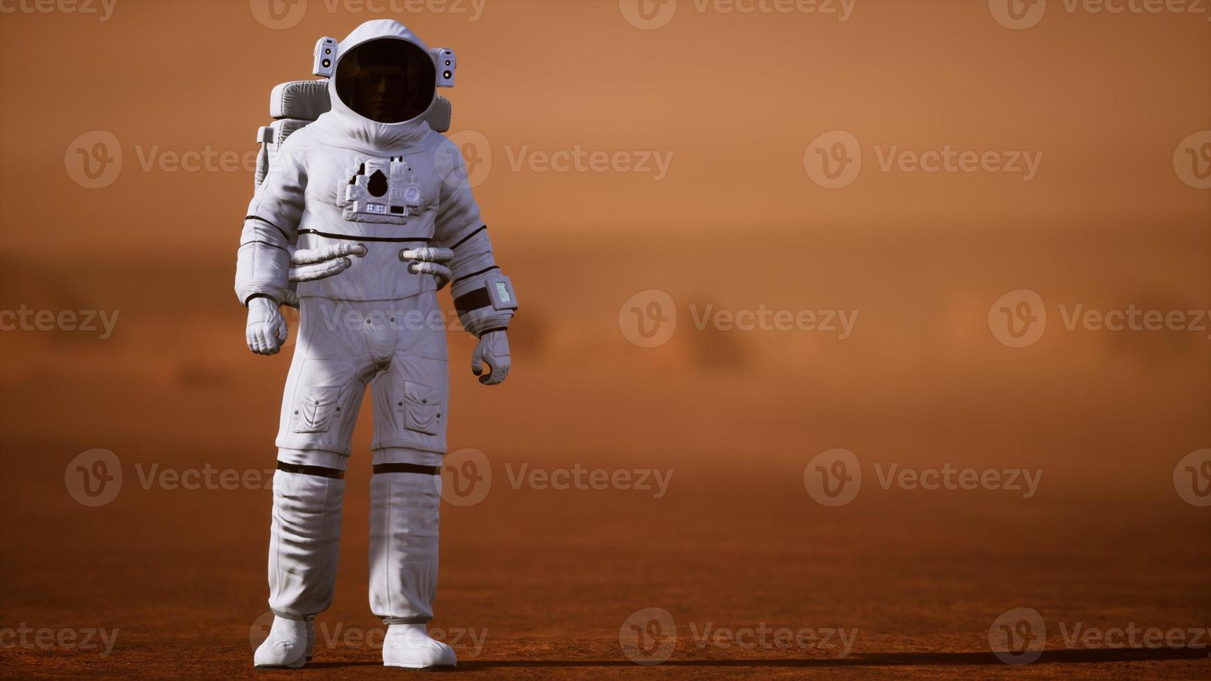 astronaut op het oppervlak van Mars. rode planeet bedekt met gas en steen foto