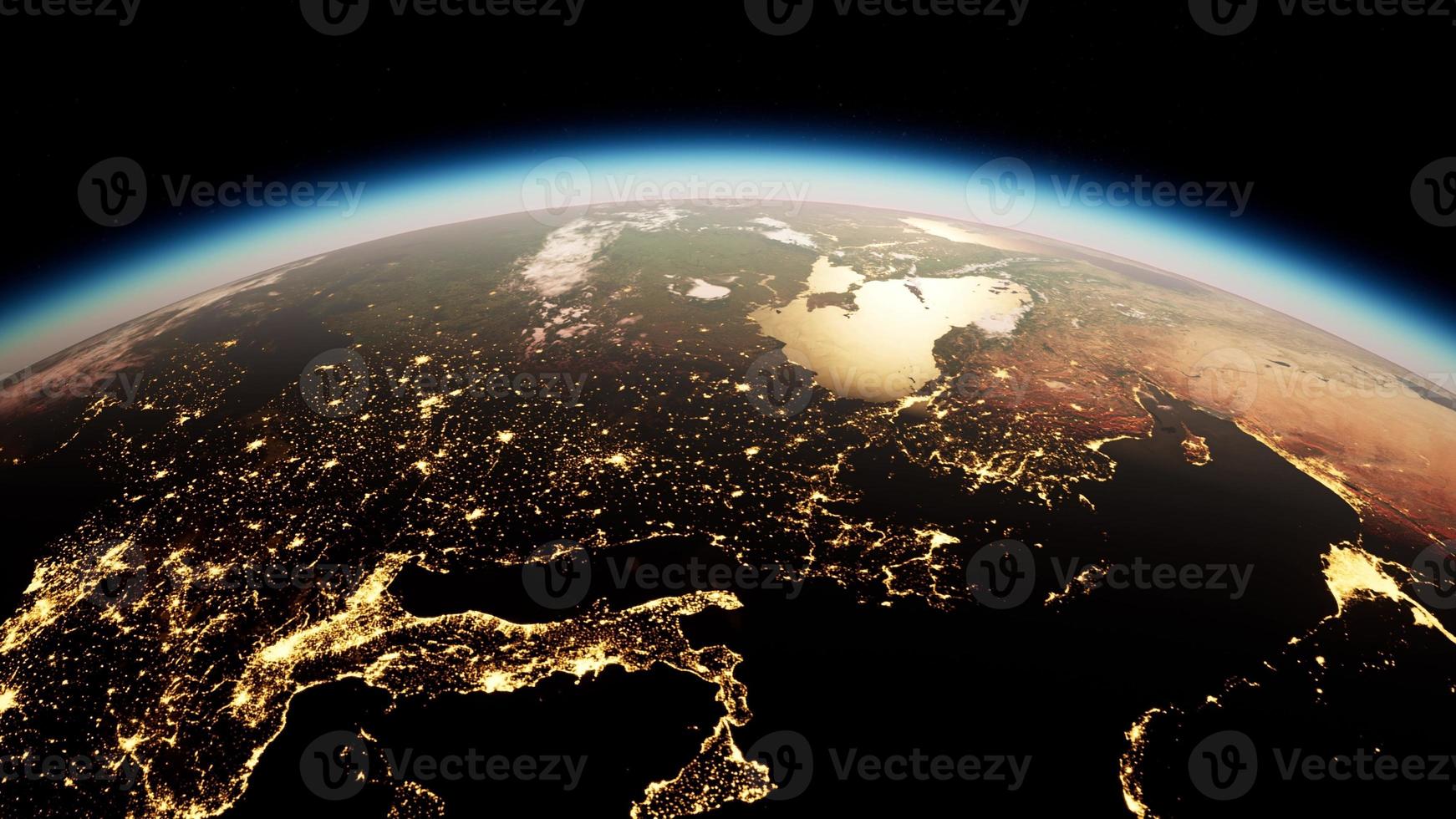 ruimte, zon en planeet aarde 's nachts foto