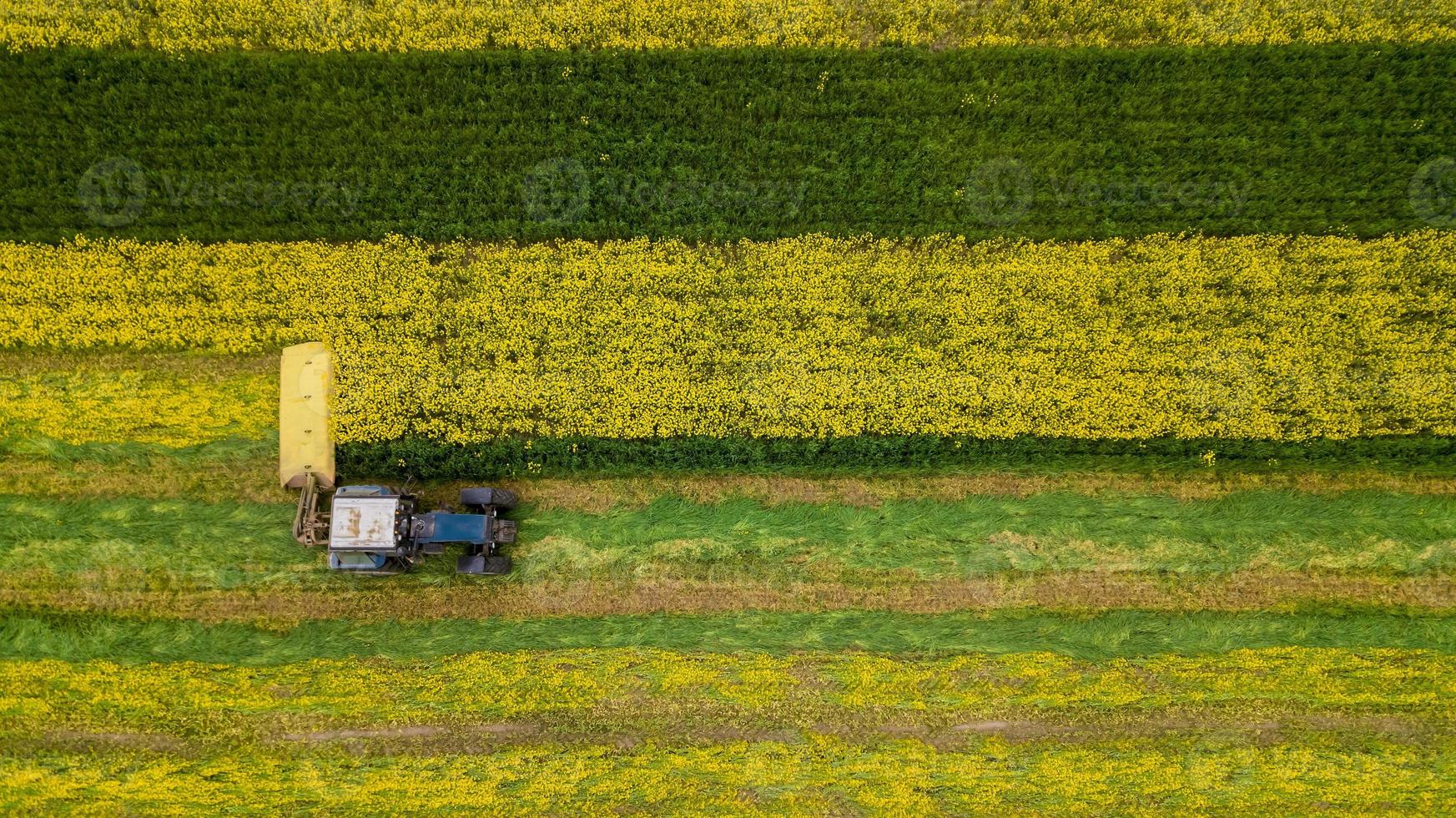 een boer die gras maait met een tractor met cirkelmaaier. foto