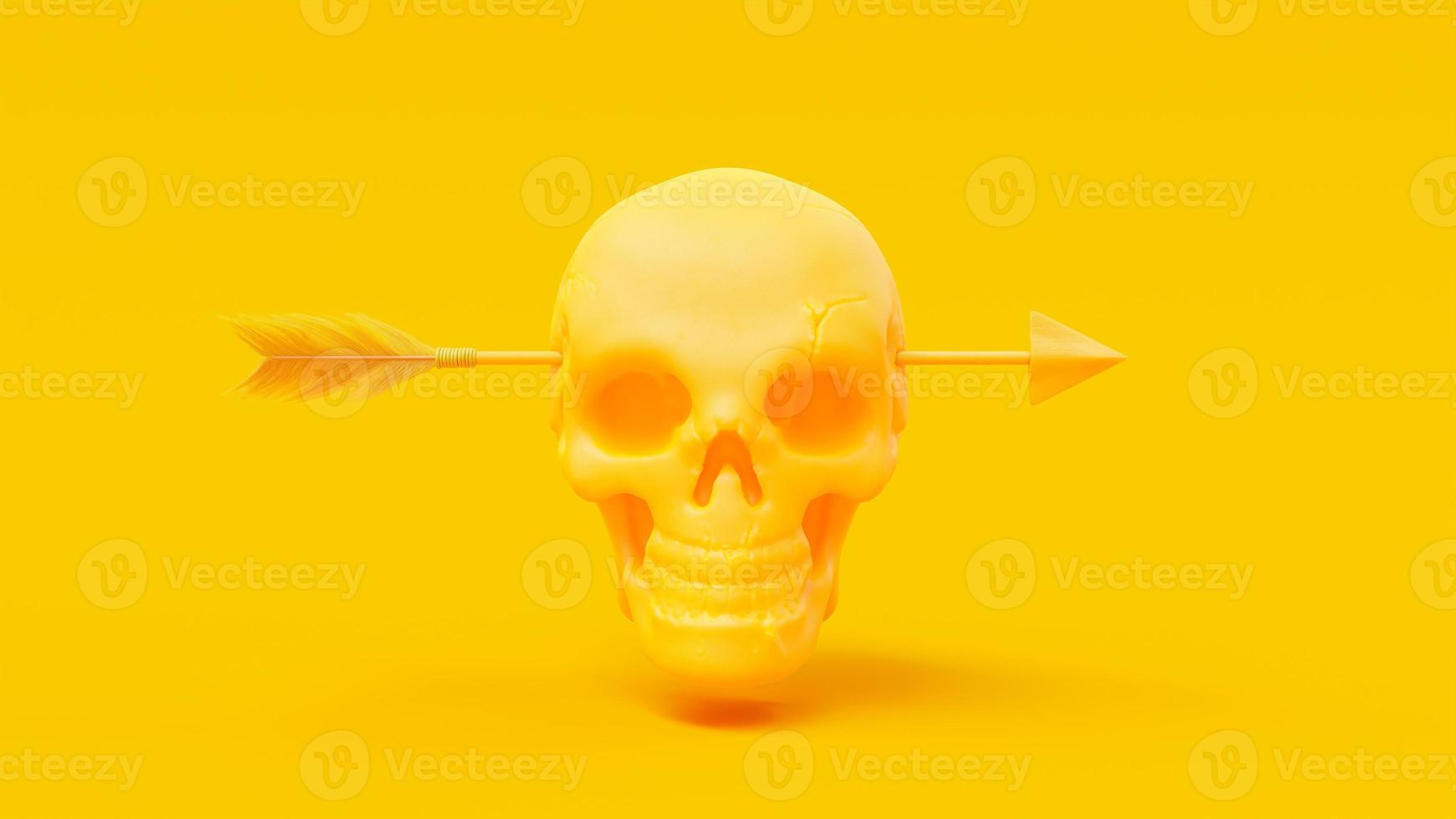 gele schedel werd door het hoofd geschoten door een pijl of dart. minimaal 3d ideeconcept, geeft terug. foto