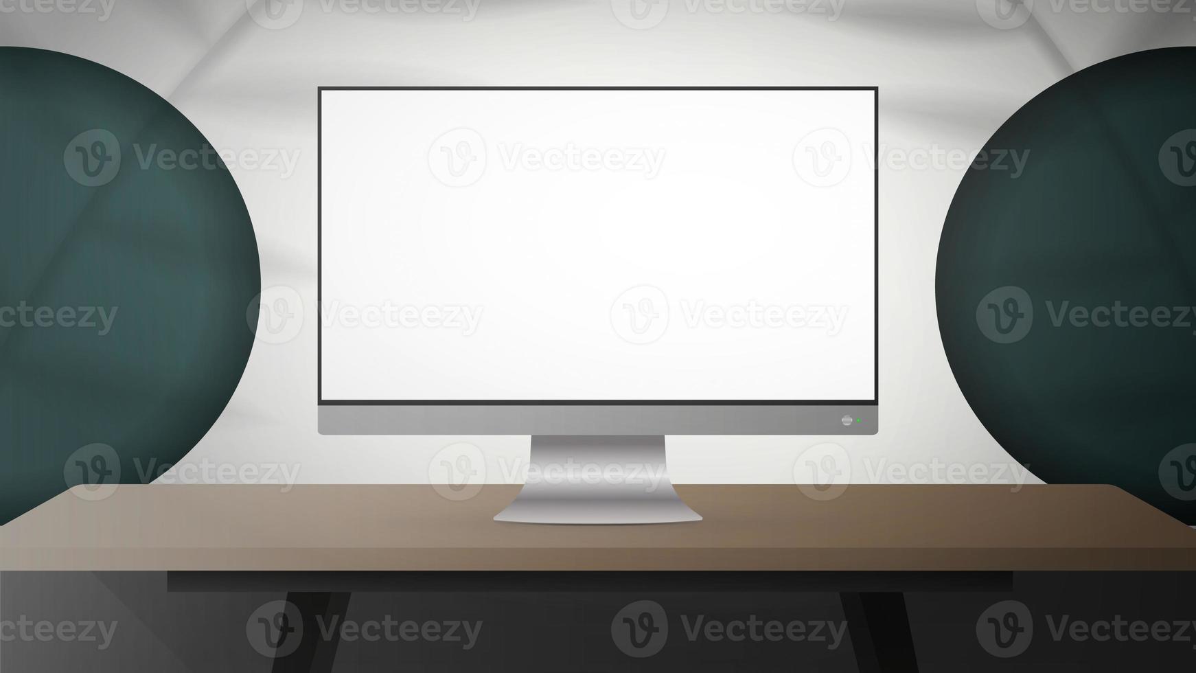 witte kamer met houten tafel en monitor. monitor met een wit scherm. schaduwen van de bladeren. vector illustratie foto