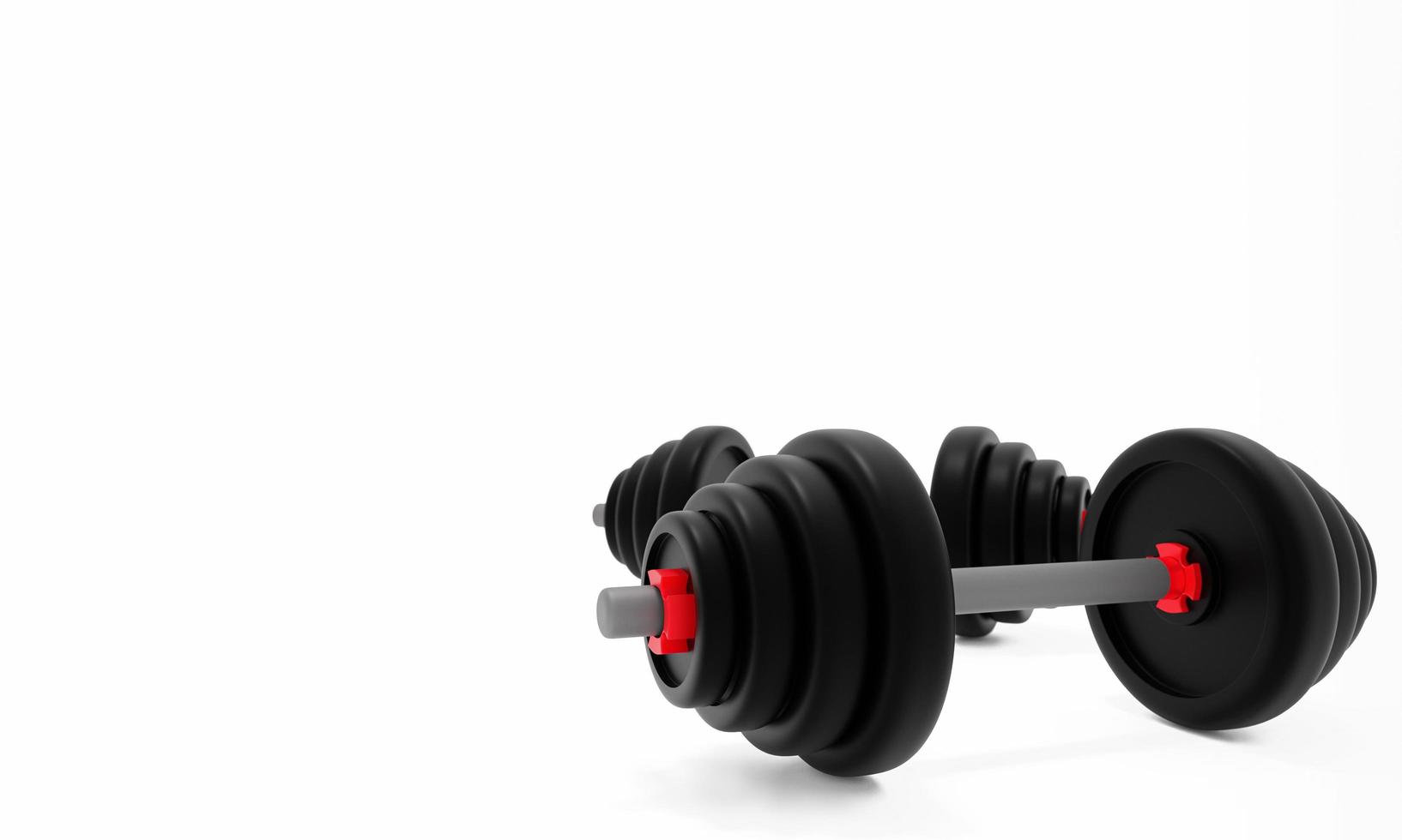 dubbele zwarte stalen dumbbells. rood slot op witte achtergrond. fitnessapparatuur voor krachttraining, armen en borst. 3D-rendering. foto