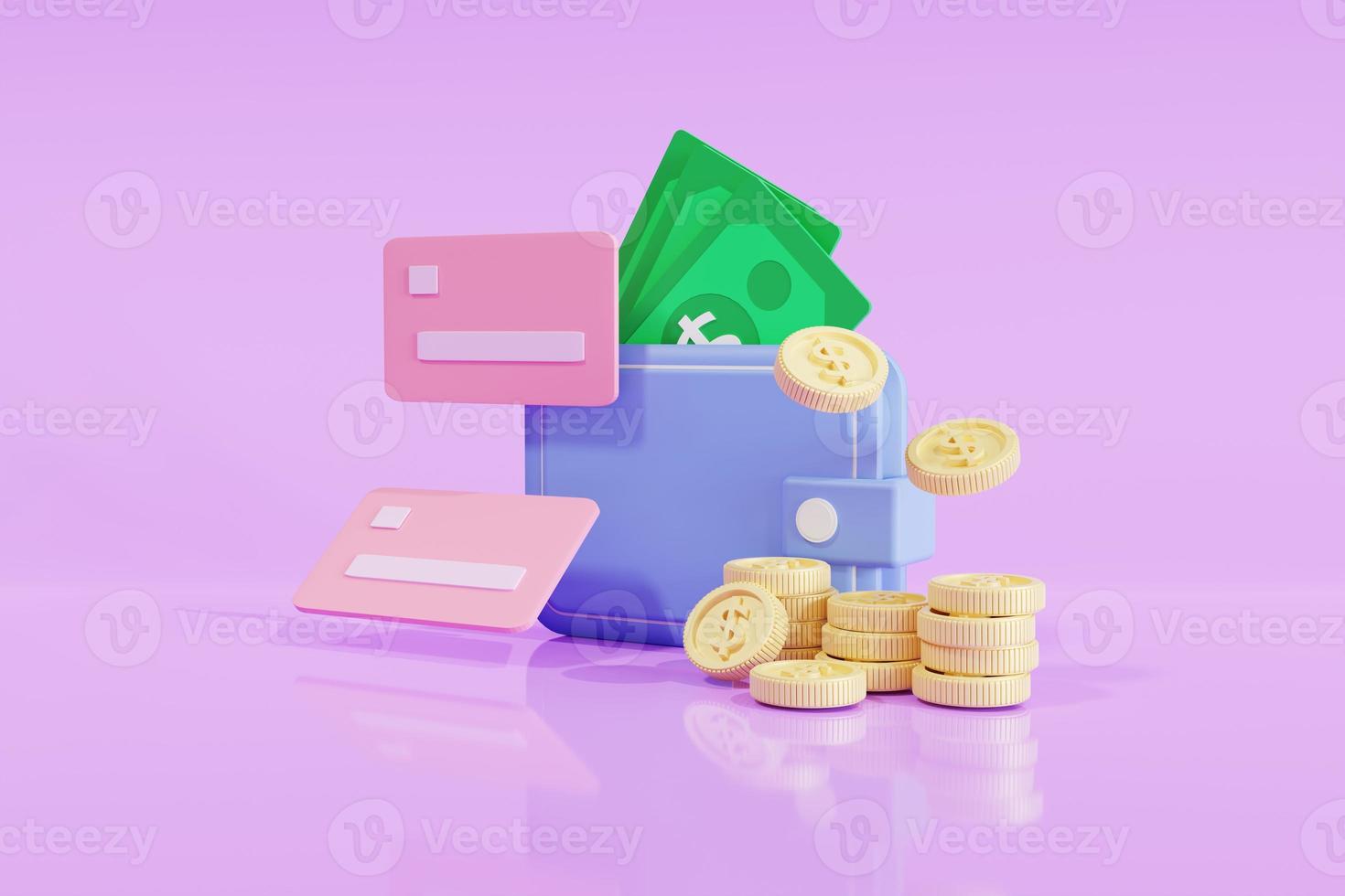 3d geldbesparende pictogram concept. portemonnee lichtblauw, munten stapel en creditcard op een paarse achtergrond, 3d illustratie foto