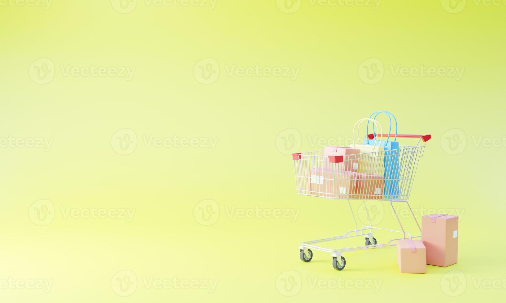 3D-rendering, papieren doos met tas winkelen in een trolley op een gele achtergrond. online winkelende consumenten kunnen thuis- en bezorgdiensten kopen. met kopieergebied foto