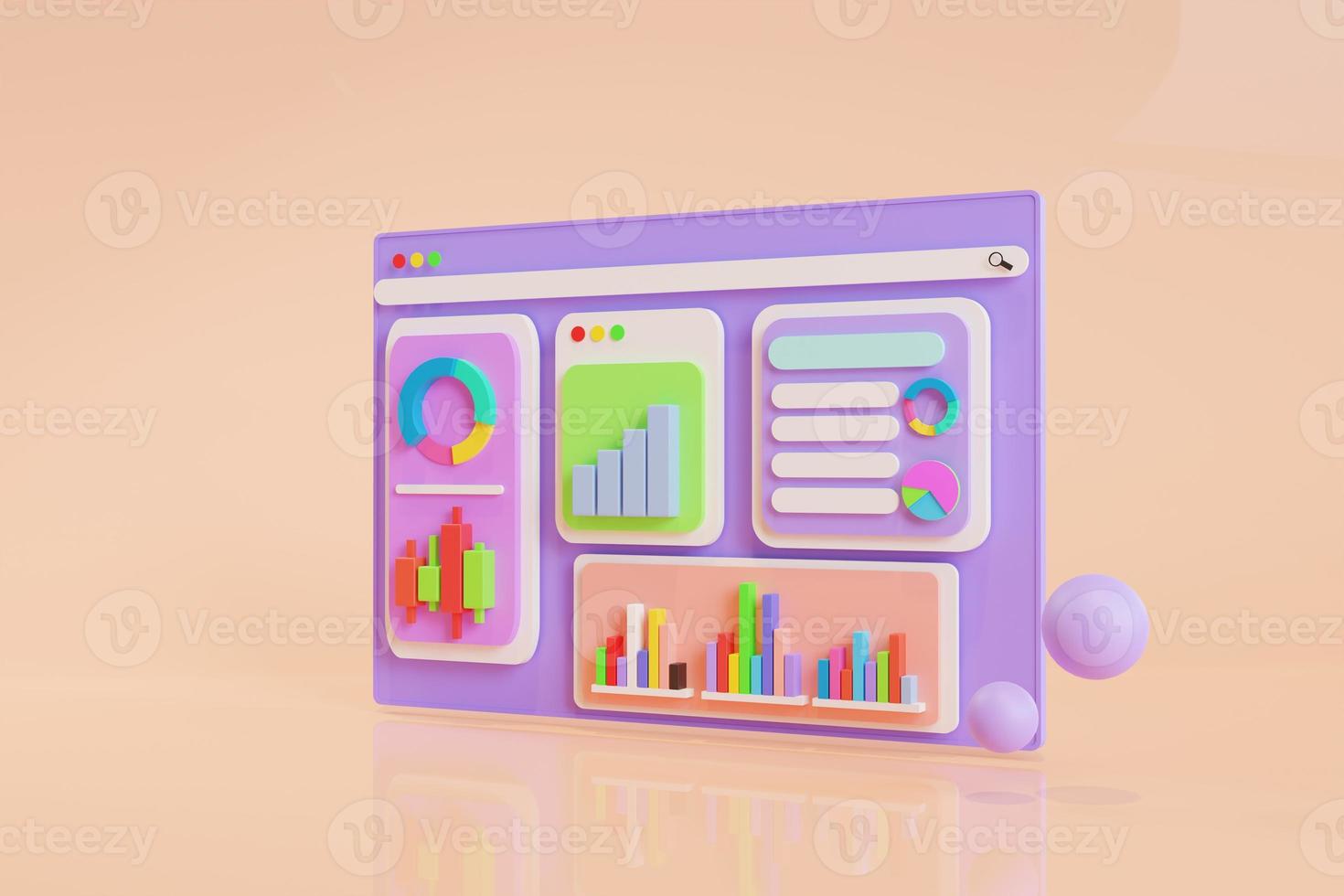 pictogram, gegevensanalyse, grafiekendashboard en bedrijfsfinanciënrapport. investering of beurs website seo concept. 3D-illustraties. foto