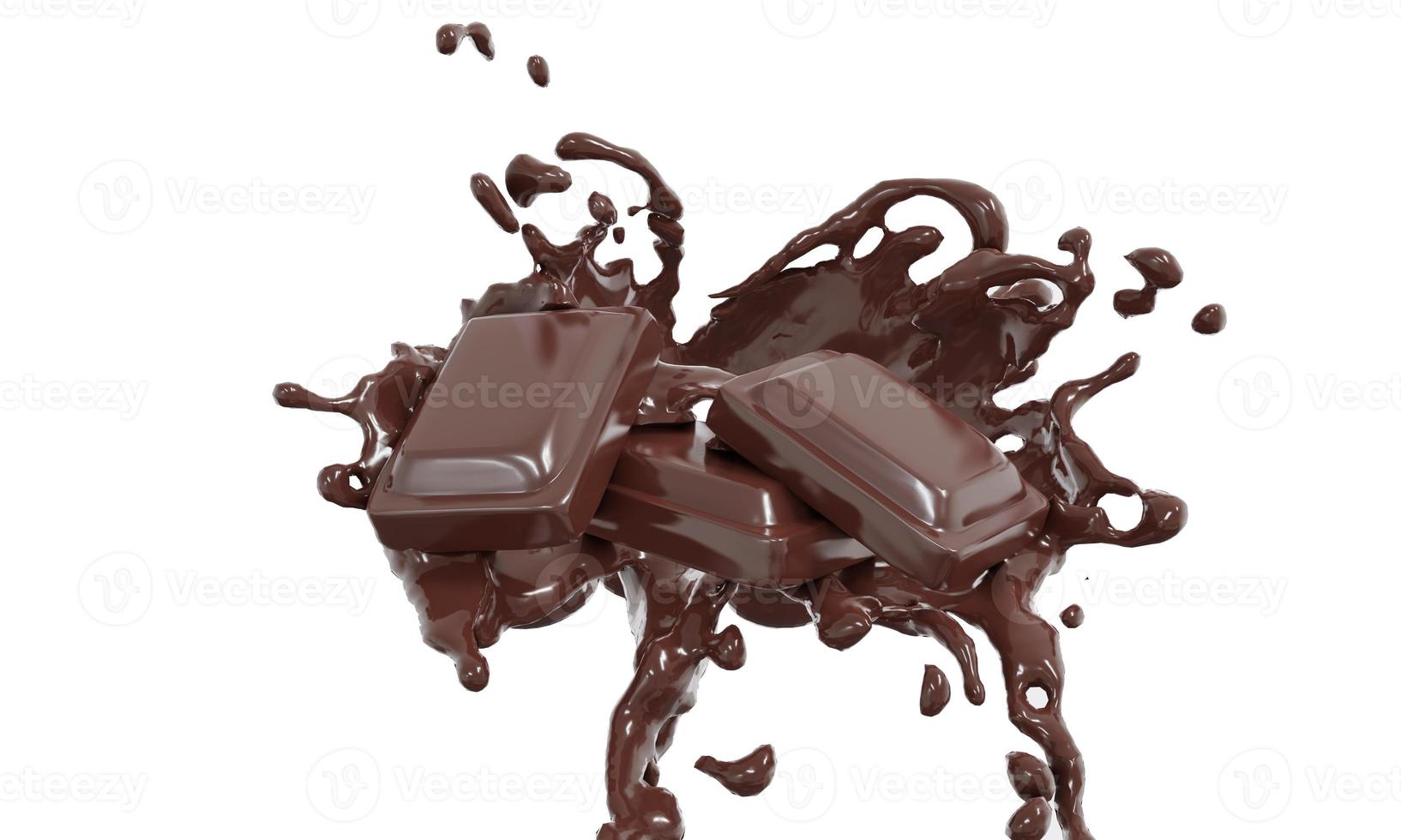 chocolade spatten in het midden chocolade staat, geïsoleerd op een witte achtergrond, in 3D-rendering. voedselconcept. foto