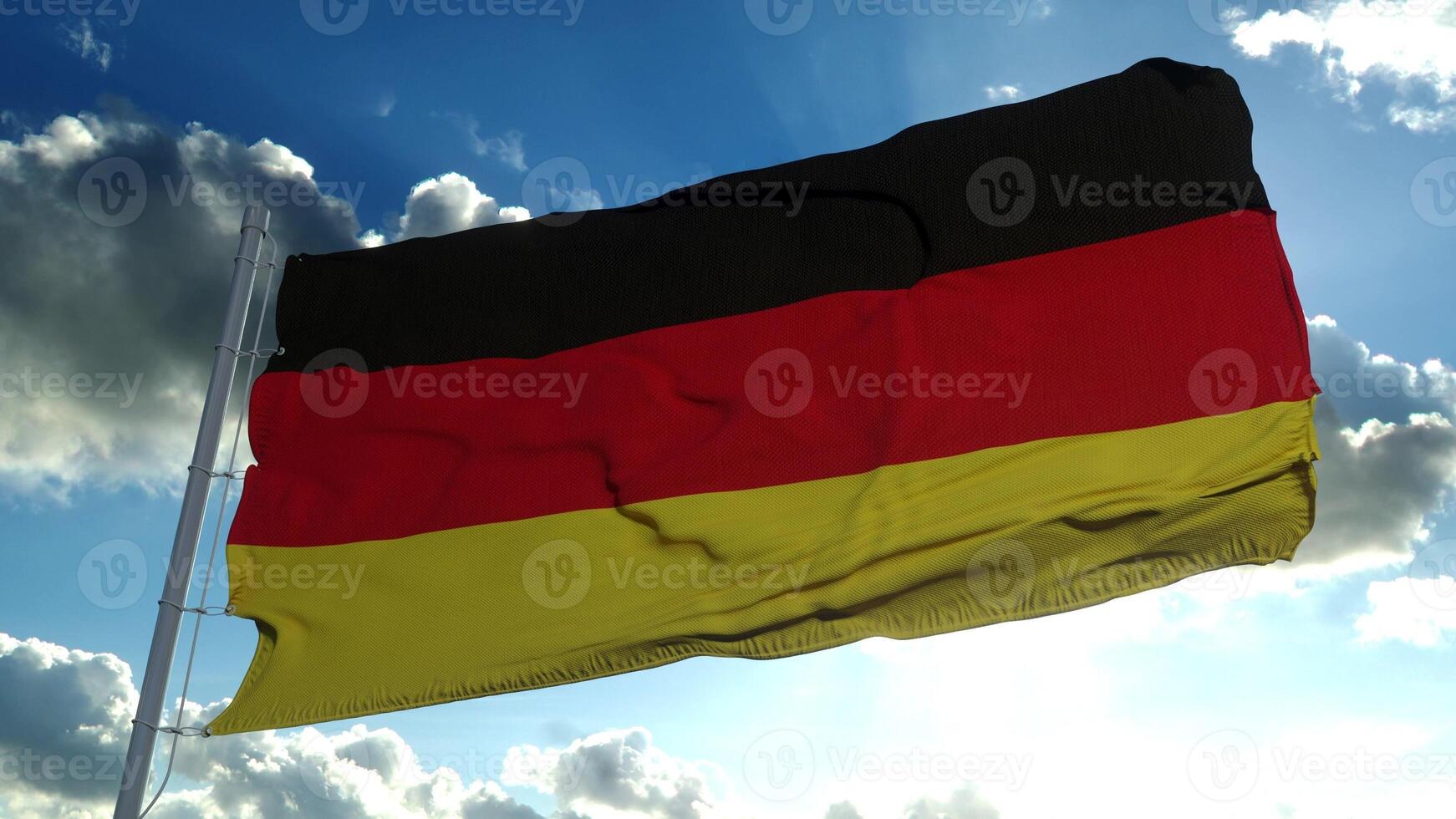 Duitsland vlag zwaaien in de wind, blauwe hemelachtergrond. 3D-rendering foto