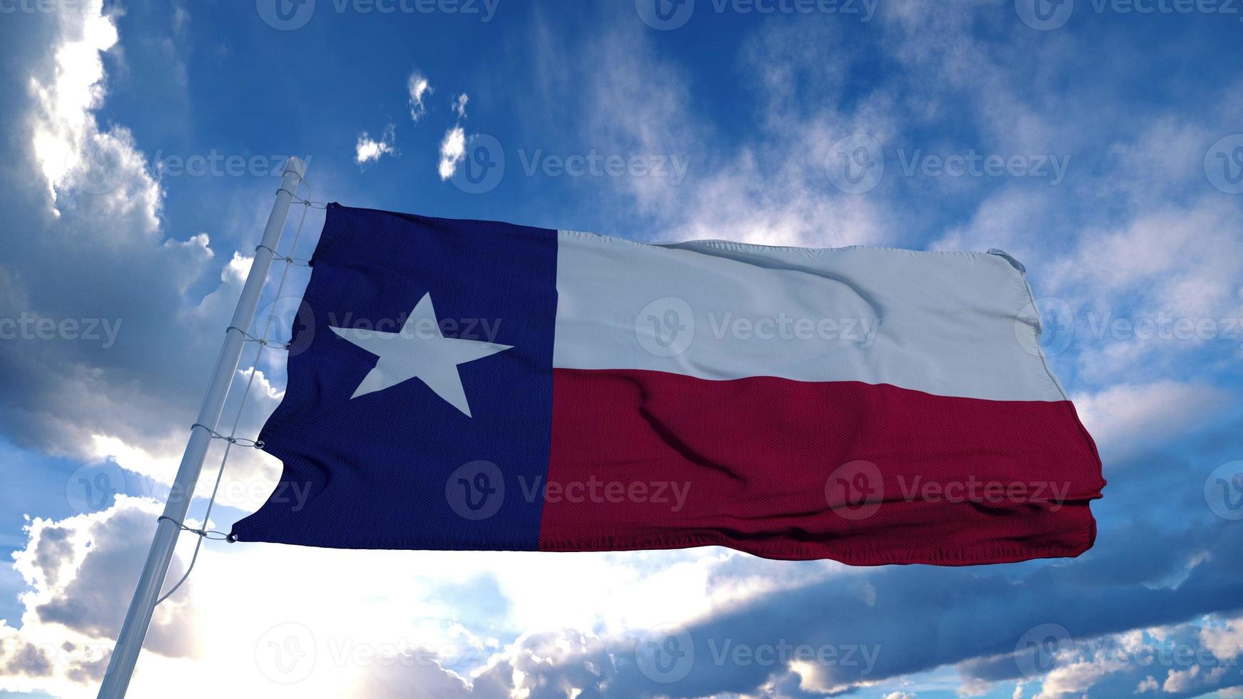 Texas vlag op een vlaggenmast zwaaiend in de wind, blauwe hemelachtergrond. 3D-rendering foto