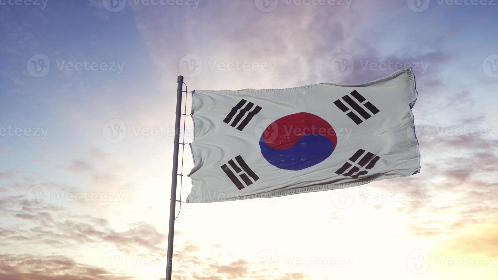 Zuid-korea vlag zwaaien in de wind, dramatische hemelachtergrond. 3d illustratie foto