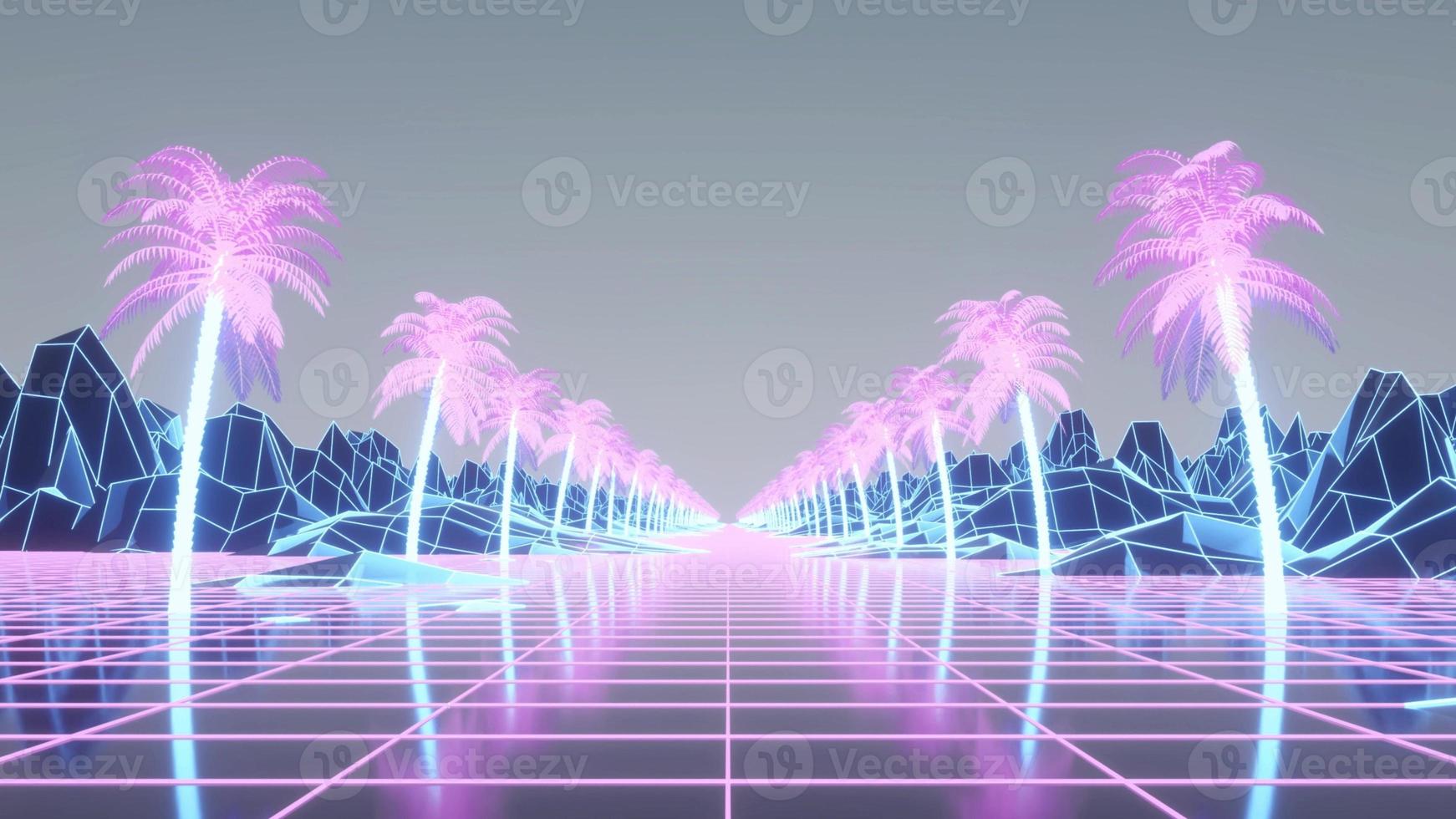 retro synthwave achtergrond. synthwave wireframe-net. 3D-rendering foto