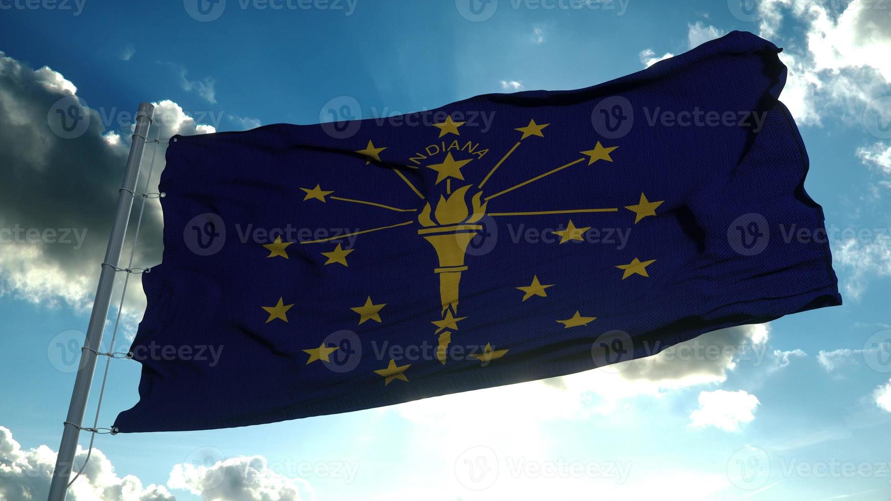Indiana vlag op een vlaggenmast zwaaien in de wind, blauwe hemelachtergrond. 3D-rendering foto