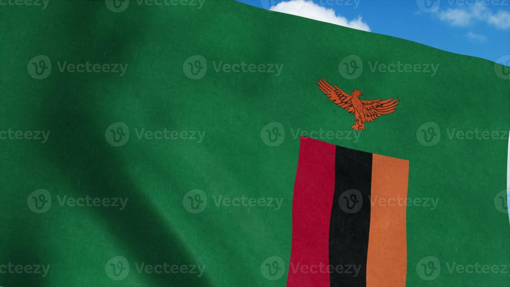 Zambia vlag op een vlaggenmast zwaaiend in de wind, blauwe hemelachtergrond. 3D-rendering foto