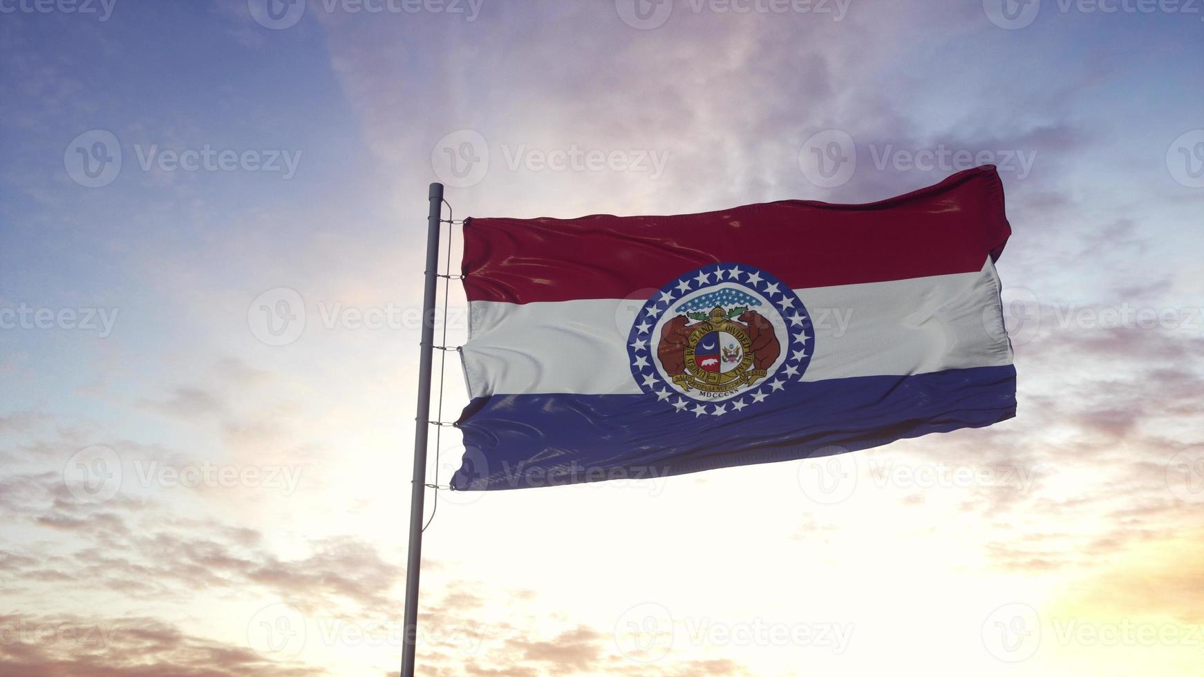 staatsvlag van missouri zwaaiend in de wind. dramatische hemelachtergrond. 3d illustratie foto