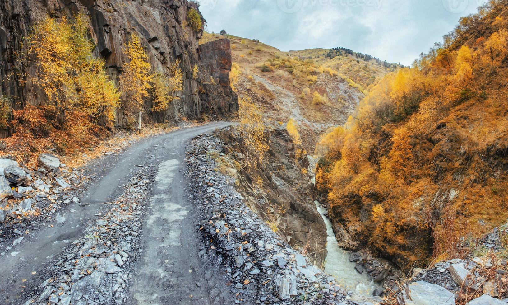 gouden herfstlandschap tussen de rocky mountains in georgië. stenen weg. Europa foto