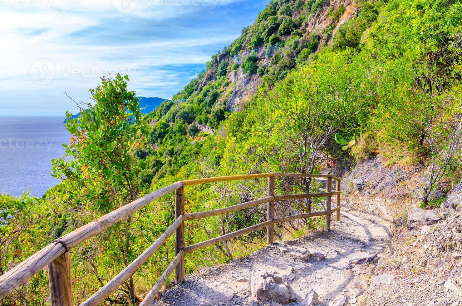 voetpad met stenen wandelpad met reling tussen de dorpen Corniglia en Vernazza foto