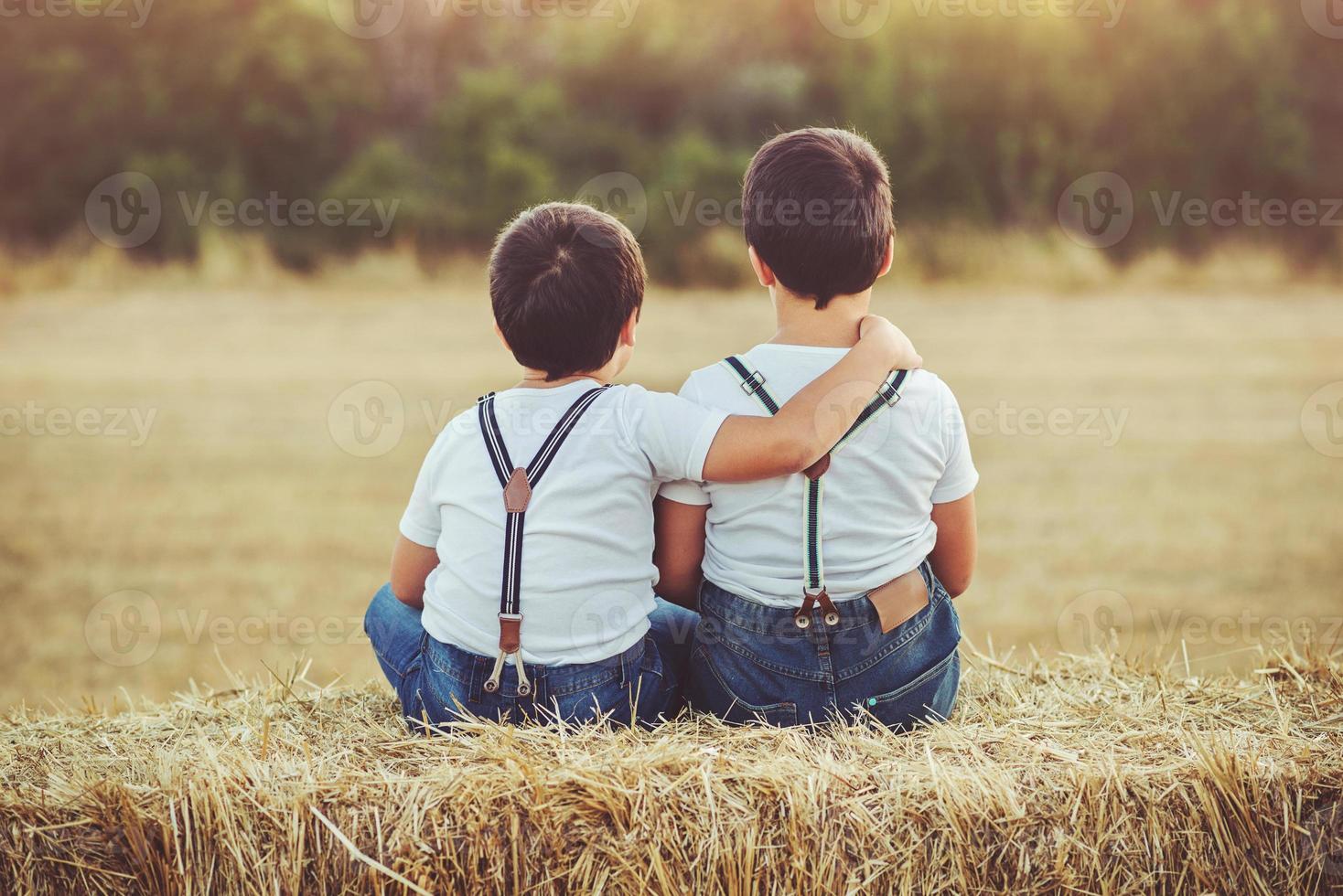 broers omarmd zittend in het veld foto