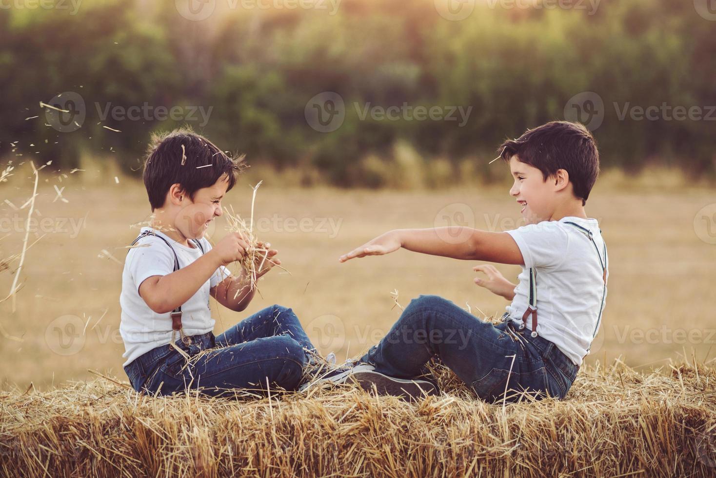 broers spelen in het veld foto