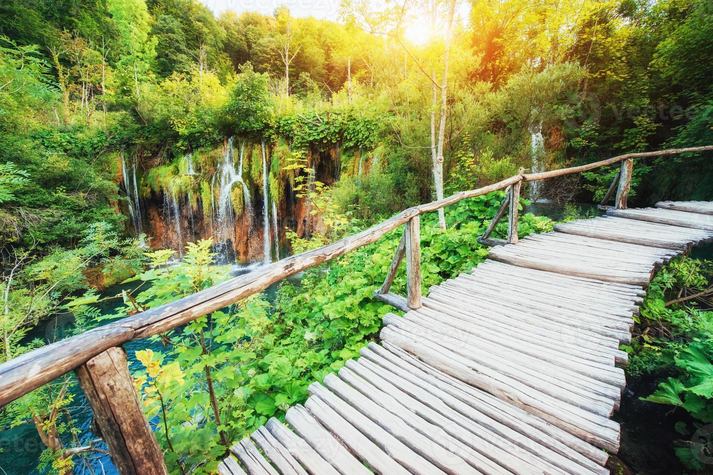 houten liggend op blauw water. plitvice meren kroatië foto