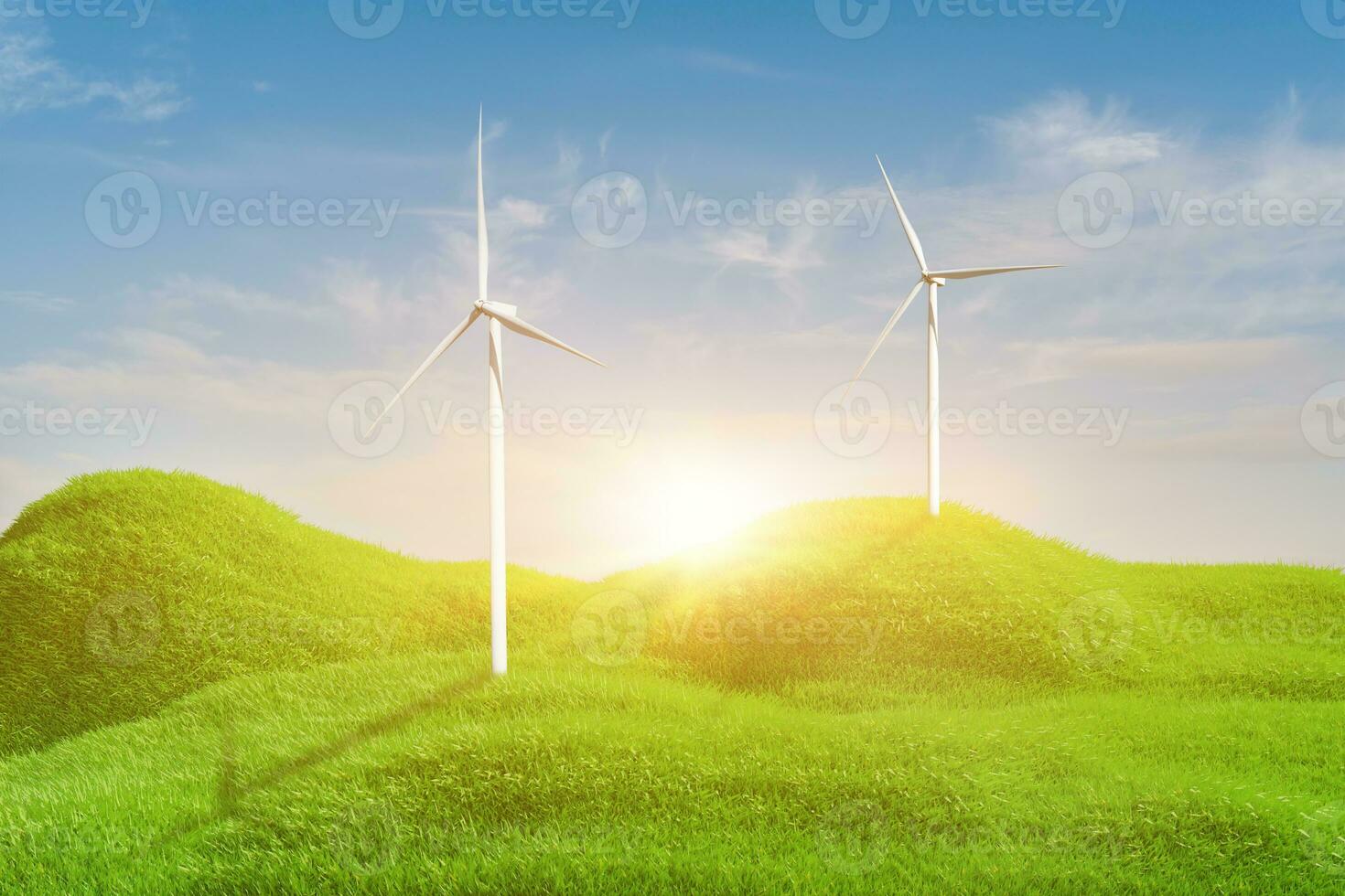 3D-rendering. landschap met windturbine in groen veld over blauwe hemelachtergrond. ecologie milieuconcept. foto