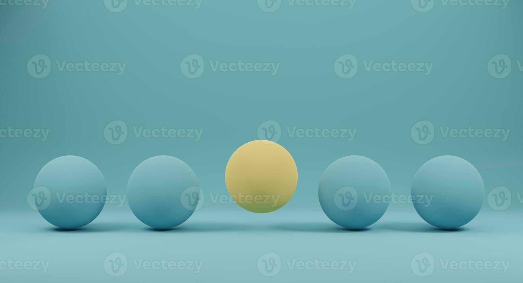 gele bollen uitstekend onder blauwe cirkel op blauwe achtergrond. concept van uitstekende en verschillende creatieve. 3D-rendering. foto
