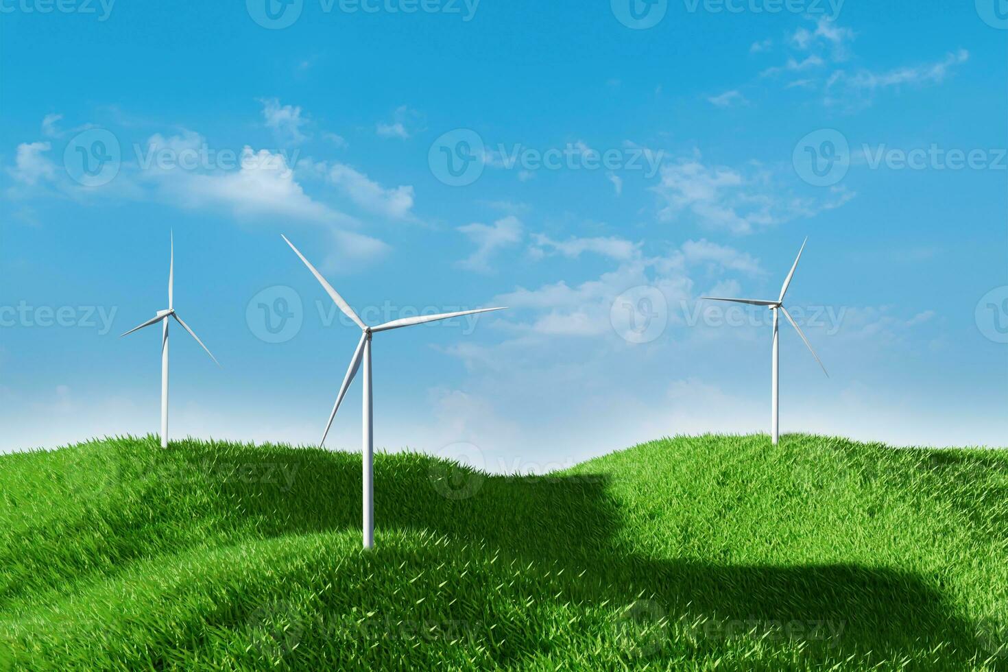 3D-rendering. landschap met windturbine in groen veld over blauwe hemelachtergrond. ecologie milieuconcept. foto