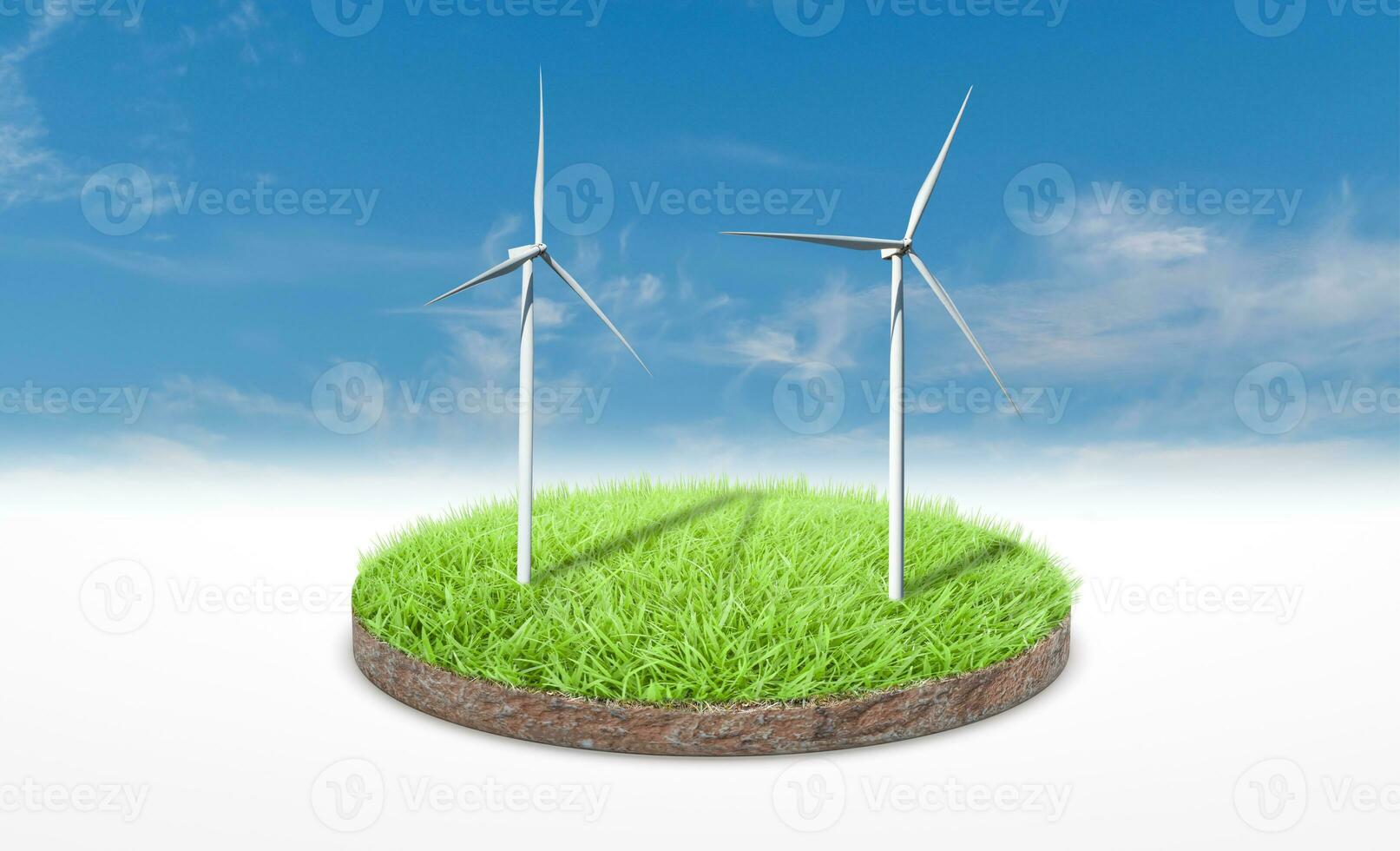 3D-rendering. dwarsdoorsnede van groen gras met windturbine over blauwe hemelachtergrond. foto