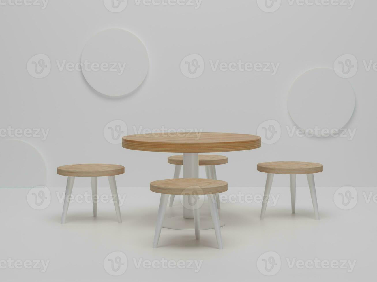 abstracte minimalistische eetkamer met houten stoelen en tafel. abstracte minimale scène eetkamer ontwerp. 3D render, 3D illustratie foto