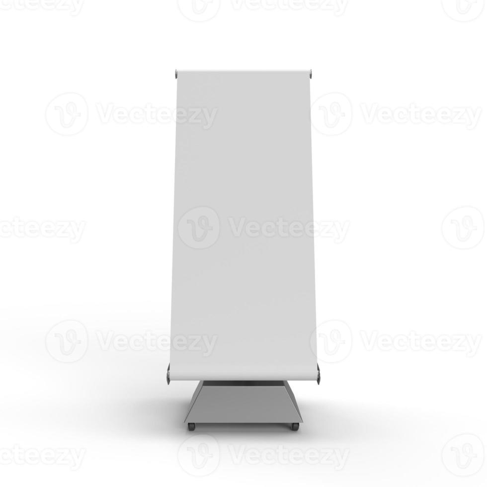 vooraanzicht van een bannerstandaard voor buiten met stalen frame en basis met een witte pvc-huid voor mockups. 3D render illustratie foto