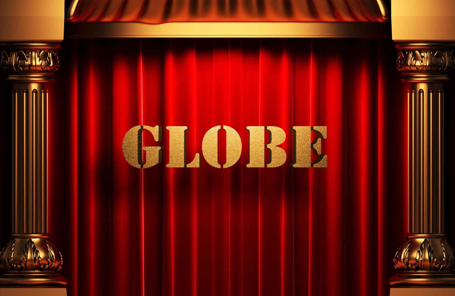 wereldbol gouden woord op rood gordijn foto