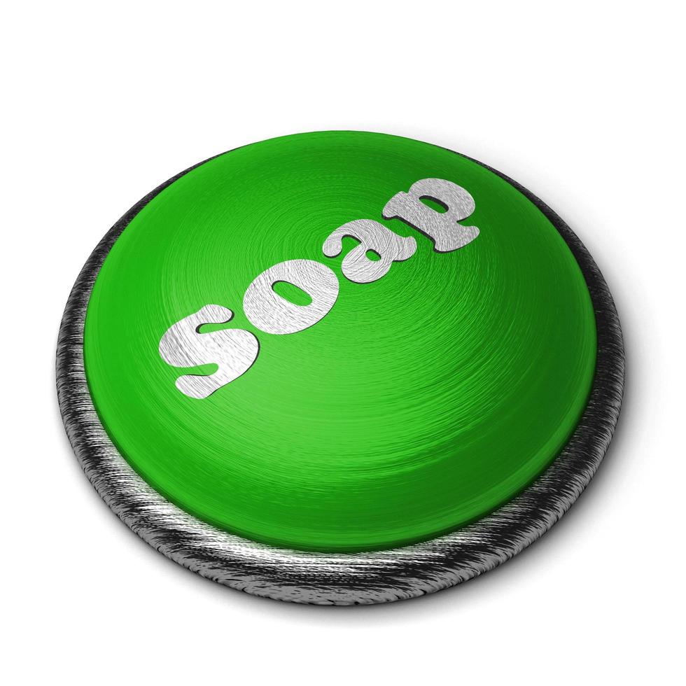 zeep woord op groene knop geïsoleerd op wit foto